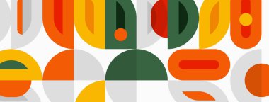 Soyut geometrik şekiller örtüşüyor ve canlı bir orta yüzyıl modern şablonu yaratıyor. Renkler turuncu, sarı, yeşil, kırmızı. Basit tasarım.