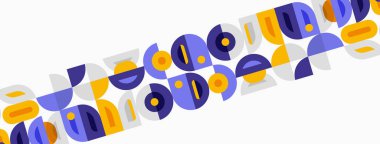 Soyut geometrik şekiller, renkli alfabe harfleri beyaz arkaplanla örtüşüyor. Modern tasarım, neşeli kompozisyon, canlı renkler sunar.