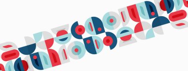 Soyut geometrik şekiller köşegen olarak tekrarlanır. Kırmızı, mavi, deniz mavisi renkleri beyaz arkaplana hükmediyor. Minimalist tasarım, modern estetik.