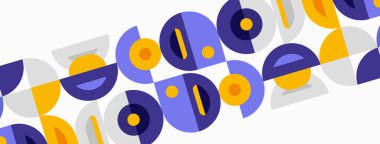 Abstract geometric pattern. Circles, semicircles, rectangles overlap. Yellow, purple hues dominate neutral background. Modern design element.