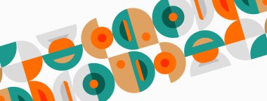 Soyut şablon tekrarlayan daireler, yarım daireler içerir. Renkler turuncu, deniz mavisi, bej. Basit geometrik tasarım görsel ritim yaratır.