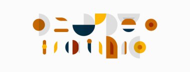 Soyut geometrik şekiller, sessiz renkler, minimalist tasarım. Kompozisyonda daireler, dikdörtgenler, çizgiler, kıvrımlar var. Modern estetik.