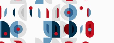 Abstract pattern features circles, lines, shapes. Blue, red colors dominate white background. Minimalist design, geometric elements present.