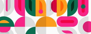 Soyut geometrik şekiller tekrar eder. Canlı renkler eğlenceli desenler yaratır. Modern tasarım retro estetiği çağrıştırıyor. Basit formlar örtüşür, dinamik bileşim oluşturur.