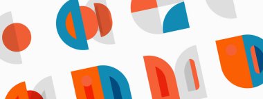 Soyut geometrik şekiller çakışıyor, renkli desenler yaratıyor. Turuncu, mavi, gri tonlar tasarımda baskın. Basit şekiller modern estetiği akla getiriyor..