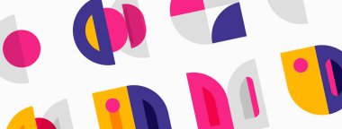 Soyut geometrik şekiller, canlı renkler, neşeli kompozisyon. Minimalist tasarım, modern estetik, tekrarlayan kalıplar imaja hakim..