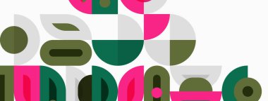 Abstract geometric shapes, circles, curves, overlapping forms. Pink, green, gray color palette creates modern design. Minimalist composition.