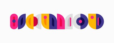 Renkli grafik kelime moodio 'sunu gösteriyor. Mektuplarda yuvarlak şekiller, canlı renkler, oyuncu tasarım yer alıyor. Basit arkaplan görsel etkiyi arttırır.