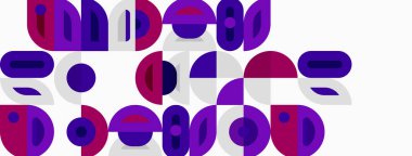 Soyut geometrik şekiller, mor renkler, beyaz arkaplan. Minimalist tasarım, neşeli kompozisyon, modern estetik. Çemberler, kıvrımlar, mevcut çizgiler.