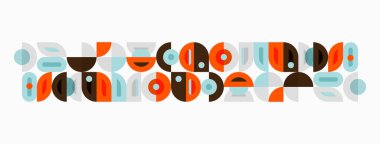 Soyut geometrik desen. Tekrarlayan şekiller, daireler, kareler, çizgiler orta yüzyıl modern tasarımı yaratır. Sıcak, soluk renk paleti baskın gelir.