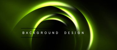 Soyut neon çizgileri dinamik dairesel şekiller yaratır. Koyu arkaplan, parlayan yeşil elementleri, modern tasarım estetiğini vurguluyor.