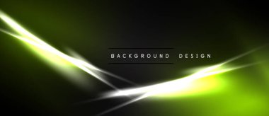 Koyu arkaplanda parlak yeşil, sarı ışık çizgileri var. Akan çizgilerle modern soyut tasarım, dinamik enerji.