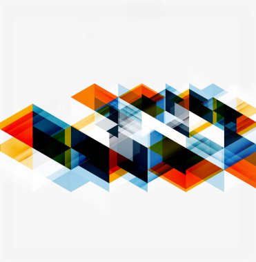 Soyut geometrik tasarım. Üst üste binen üçgenler dinamik görsel doku oluşturur. Parlak renkler daha koyu gölgelerle tezat oluşturur. Modern, temiz estetik.