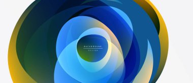 Soyut katmanlar dinamik dairesel tasarım yaratır. Mavi, yeşil, sarı renkler harmanlanarak modern arkaplan oluşturuyor. Minimalist metin mevcut.