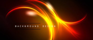 Soyut tasarım canlı turuncu, kırmızı çizgiler içerir. Dinamik eğriler karanlık zemin üzerinde parlak bir etki yaratır. Modern, enerjik kompozisyon.