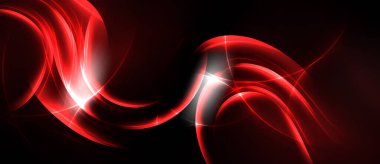 Soyut kırmızı girdaplar, parlak çizgiler, koyu arkaplan. Dinamik enerji, akan şekiller, parlak röfleler görsel etki yaratır.