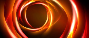 Soyut tasarım, turuncu kıvrımlı, kırmızı ışık. Eşmerkezli daireler dinamik görsel etki yaratır, koyu arkaplan parıltıyı güçlendirir.