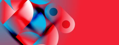 Soyut şekiller örtüşüyor, canlı kırmızı, mavi renkler yaratıyor. Yumuşak eğimler derinlik ve hareket olduğunu gösteriyor. Minimalist tasarım, modern estetik.