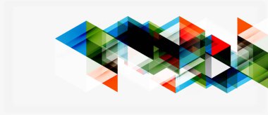 Soyut geometrik şekiller örtüşür, dinamik görsel doku oluşturur. Renkler arasında mavi, kırmızı, yeşil, siyah, beyaz var. Modern tasarım ögesi.