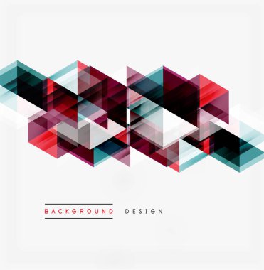 Soyut geometrik şekiller örtüşür, dinamik görsel doku oluşturur. Kırmızı, deniz mavisi, siyah renkler beyaz alana hakim. Modern tasarım ögesi.