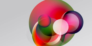 Soyut renkli çemberler çakışıyor, canlı gradyanlar yaratıyor. Yumuşak renkler koyu arkaplana karışır. Modern tasarım ögesi.