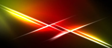 Soyut enerjik çizgiler kesişiyor. Kırmızı, sarı, altın renkleri koyu arkaplana hakim. Parlak enerji merkezi noktadan yayılır.