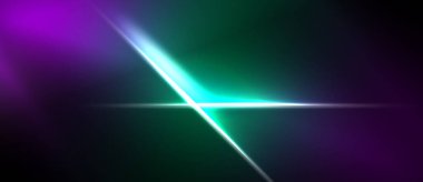 Soyut arkaplanda canlı mor, yeşil ışık çizgileri var. Çapraz çizgiler kesişir ve dinamik görsel efekt yaratır. Koyu uzay parlak renkleri kapsar.