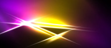 Parlak ışık çizgileri merkezden yayılıyor. Mor, sarı renkler koyu arkaplana hakim. Enerjik görsel efekt.