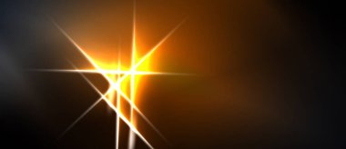 Parlak ışık merkezden yayılıyor. Turuncu, sarı renkler koyu arkaplana hakim. Keskin çizgiler yıldız etkisi yaratır. Dramatik aydınlatma.