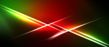 Parlak çizgiler kesişiyor, canlı kırmızı, yeşil, sarı bir parıltı yaratıyor. Koyu arkaplan aydınlığı ve dinamik enerjiyi vurgular.