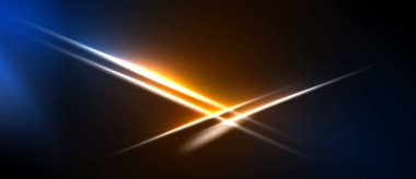 Soyut ışık çizgileri kesişir. Mavi, turuncu renkler koyu arkaplana hakim. Parlaklık dinamik görsel efekt yaratır.