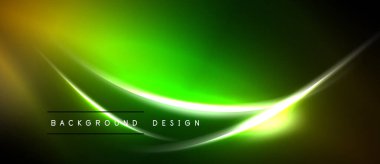 Soyut neon parıltısı. Parlak yeşil, sarı renkler harmanlanmış. Düz kıvrımlar dinamik görsel efekt yaratır. Koyu arkaplan aydınlığı vurgular.