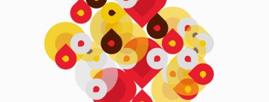 Soyut tasarım özellikleri üst üste binen daireler, sarı ve kırmızı renkler baskın. Minimalist kompozisyon, temiz çizgiler, modern estetik..