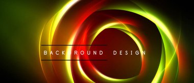 Soyut neon halkalar, canlı renkler harmanlanmış. Koyu arkaplan parlak tasarım elementlerini vurgular. Metin arkaplan tasarımı okur.