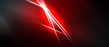 Soyut kırmızı ışık huzmeleri, parlak merkez noktasından koyu arkaplana doğru yayılır. Dramatik enerji, dinamik bileşim.