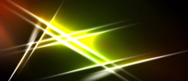 Soyut çizgiler kesişiyor, parlak ışık efektleri yaratıyor. Canlı renkler koyu arkaplana karışır. Dinamik bileşim enerji ve hız öneriyor..