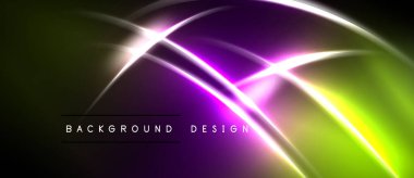 Soyut neon çizgileri dinamik eğriler ve eğimler yaratır. Canlı mor, sarı renkler koyu arkaplana hakim. Modern tasarım ögesi.