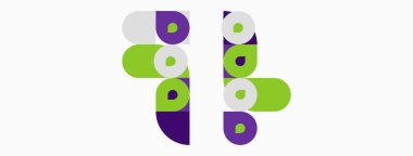 Soyut tasarım renkli daireler, dikdörtgenler içerir. Mor, yeşil, gri şekiller modern görsel kompozisyon oluşturur. Basit geometri resme hakim olur.