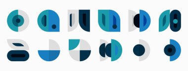 Soyut geometrik şekiller, çoğunlukla daireler, dikdörtgenler, değişik tonlarda mavi, deniz mavisi, gri. Minimalist tasarım, temiz çizgiler, modern estetik..