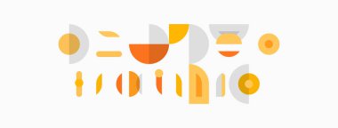 Soyut geometrik şekiller, sıcak renkler kompozisyona hakim. Minimalist tasarım, oyuncu düzenleme, modern estetik.