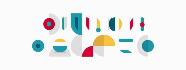 Soyut geometrik şekiller, renkli kompozisyon. Minimalist tasarım, düz çizim, modern estetik. Basit formlar, eğlenceli düzenleme.