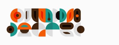 Soyut geometrik şekiller, daireler, kareler, dikdörtgenler. Orta çağ modern tarzı, turuncu, yeşil, kahverengi renkler kompozisyona hakim..