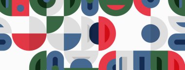 Soyut şablon renkli yarı daireler, kareler, noktalar içeriyor. Basit şekiller tekrarlanarak oyuncu bir arkaplan oluşturur. Modern tasarım.