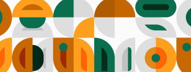 Soyut geometrik desen. Turuncu, yeşil, gri şekiller, orta çağ modern estetiğini yaratıyor. Basit tasarım, düz çizim.