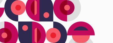 Soyut geometrik şekiller, daireler, dikdörtgenler, pembe, mor renkler. Minimalist tasarım, modern estetik, tekrarlayan desen.