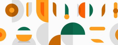 Soyut geometrik şekiller, sessiz renkler, minimalist tasarım. Kompozisyonda daireler, dikdörtgenler, yarı daireler, çizgiler var. Modern estetik.