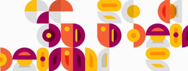 Soyut geometrik şekiller örtüşüyor ve canlı bir orta yüzyıl modern şablonu yaratıyor. Sıcak renkler tarafsız arkaplana baskın gelir.