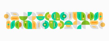 Soyut geometrik şekiller, yeşil, sarı, turuncu renkler. Minimalist tasarım, tekrarlayan kalıplar, düz çizim tarzı. Temiz estetik.