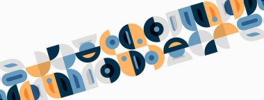 Soyut geometrik şekiller tekrarlayan desenler oluşturur. Renkler arasında mavi, turuncu, deniz mavisi, gri var. Temiz çizgileri olan minimalist tasarım.