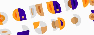 Soyut geometrik şekiller tekrar eder. Turuncu, mor, gri renkler modern desen yaratır. Minimalist tasarım, temiz estetik.